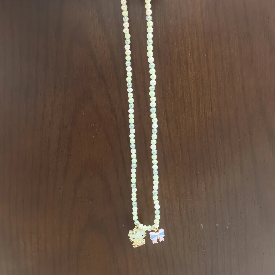 E526金色KT猫咪蝴蝶结施加珠项链