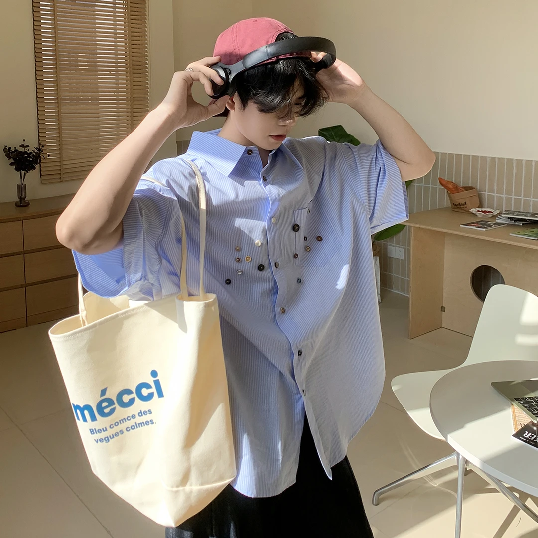 白口阳【海雾齿轮】廓形短袖衬衫男同款条纹衬衣夏季2025年新款C592