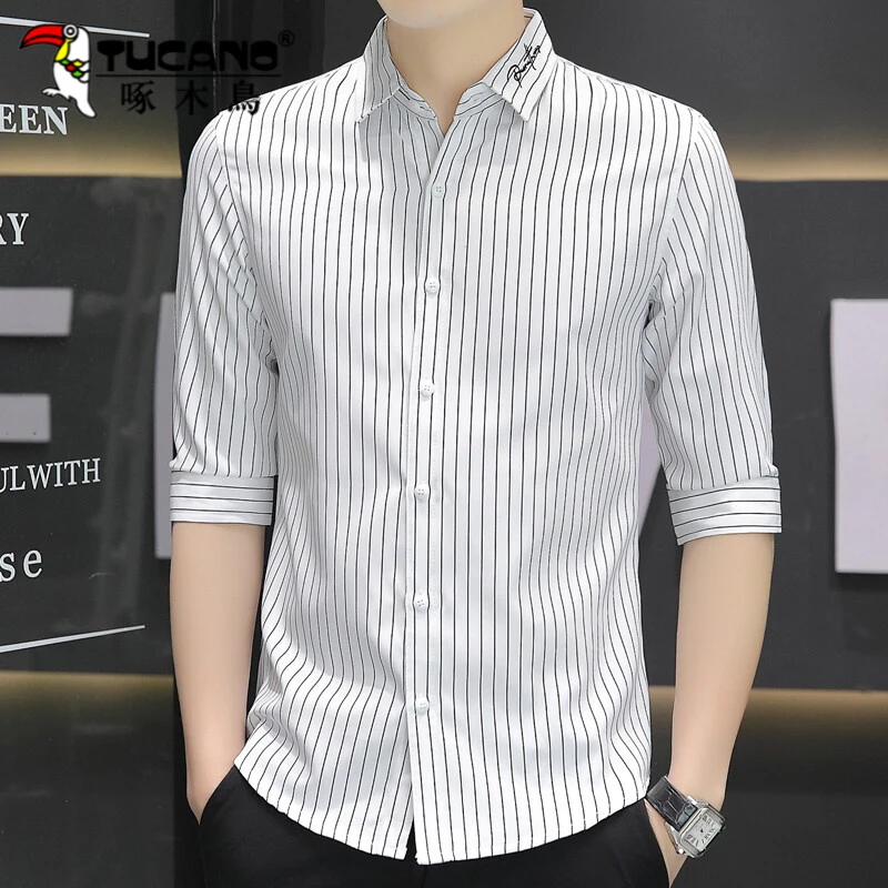 啄木鸟夏季上衣男短袖韩版修身条纹衬衣新款潮流帅气百搭休闲七分