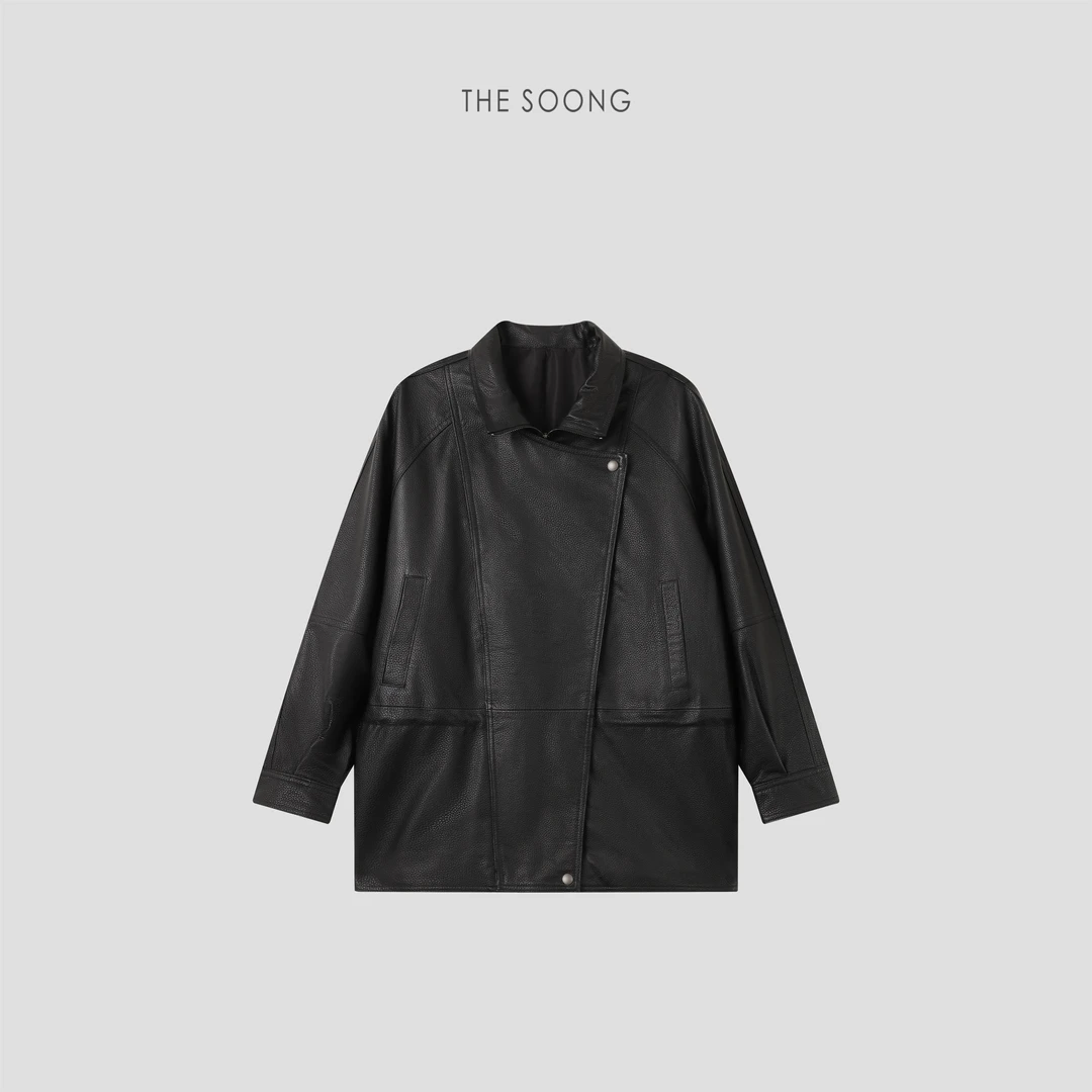 THESOONG|"摩登暖域"植鞣油蜡牛皮荔枝纹立领皮衣外套HWPY8212