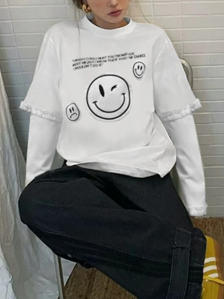 【济州岛】WS蕾丝拼接假两件 笑脸打底衫