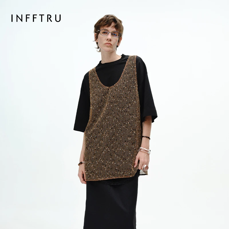 INFFTRU/2025夏季新款针织两件套T恤宽松简约时尚上衣短袖女装