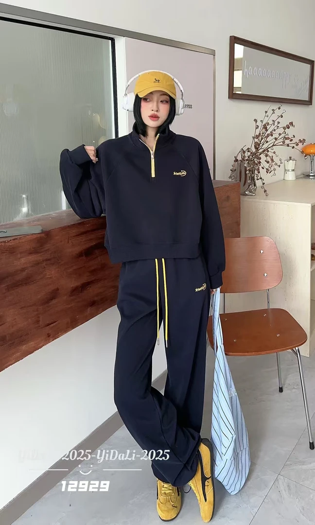 秋季新款女士休闲风运动风时尚套装卫衣百搭立领显瘦两件套T2526