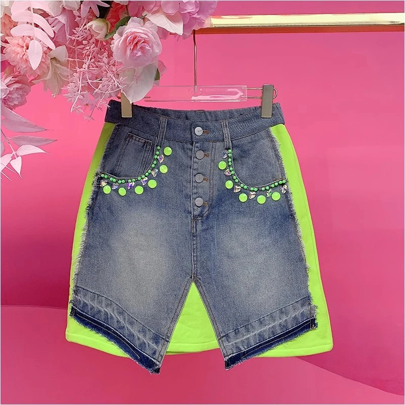 A1960欧美设计师2025夏季新款重工钉钻磨白拼接休闲牛仔半身裙女