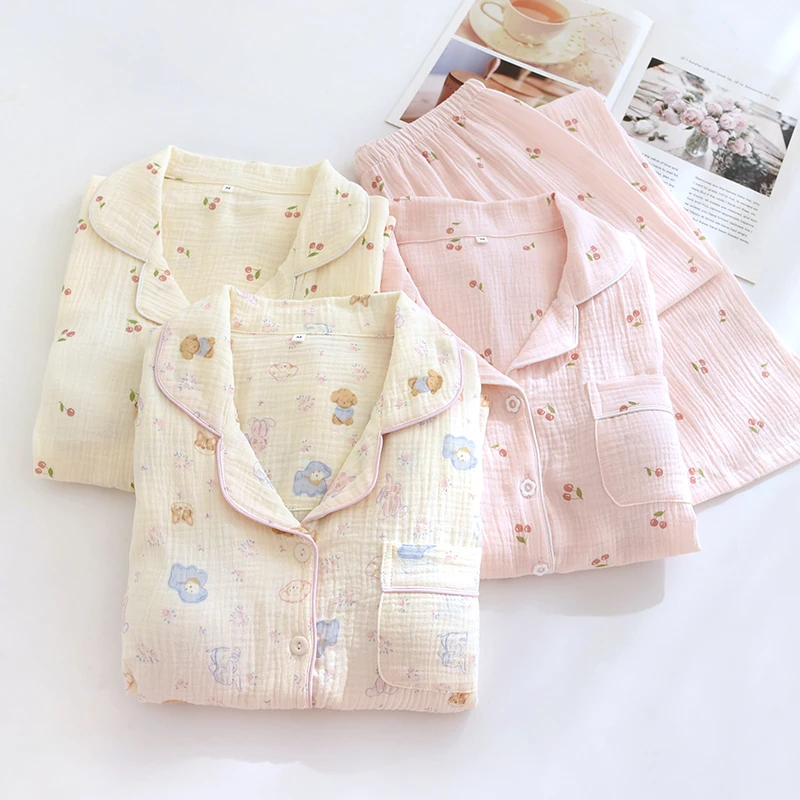 女士夏天睡衣纯棉双层纱自带胸垫春夏薄款长袖家居服套装