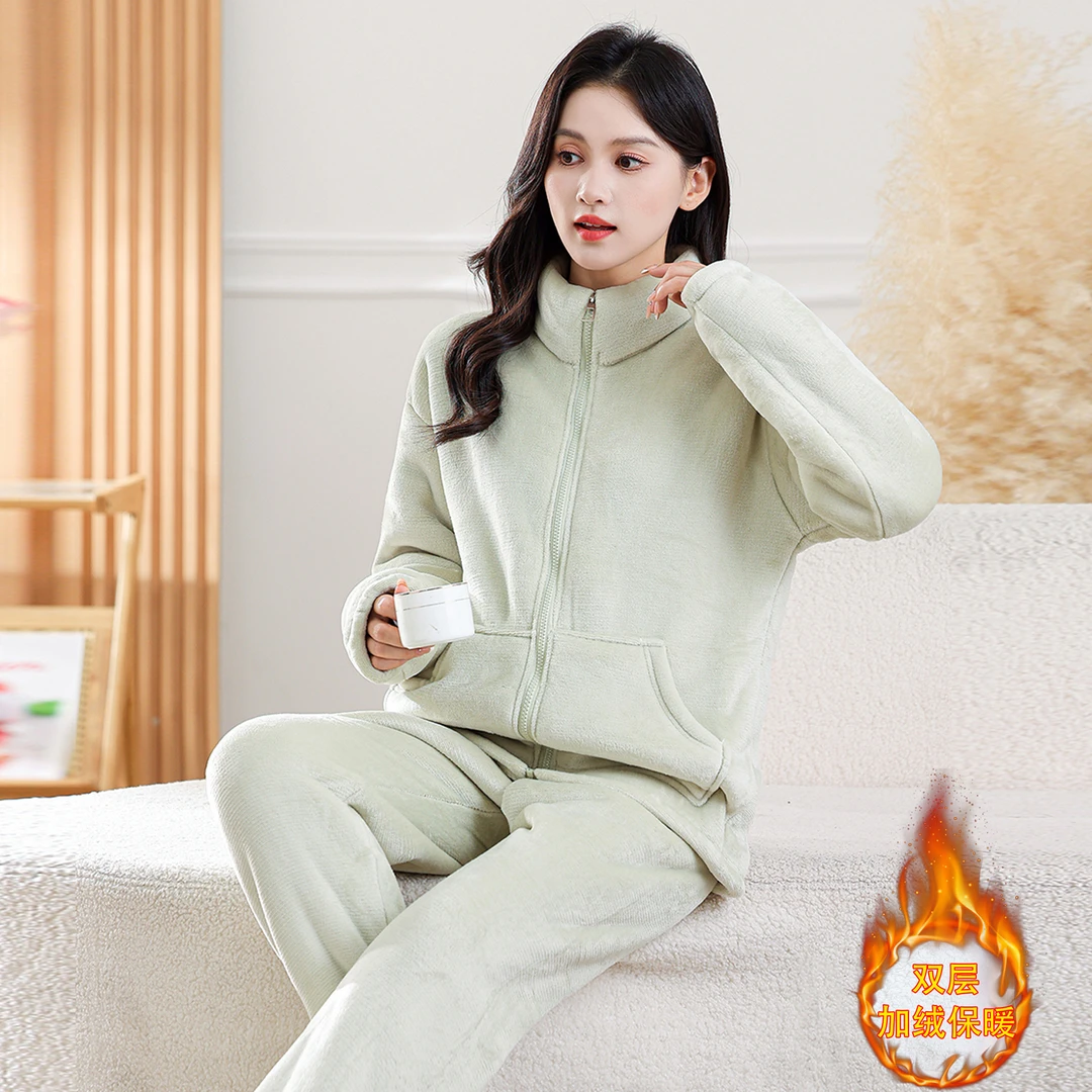 【双层睡衣】女士秋冬季睡衣拉链款加绒加厚可外穿家居服套装