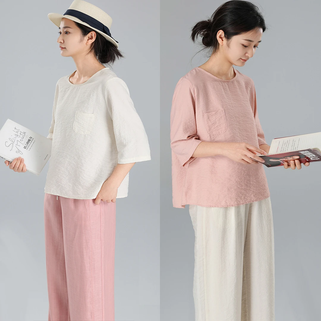 尘染宽松圆领短袖T恤女桑蚕丝长袖打底衫开春独特设计感小众上衣