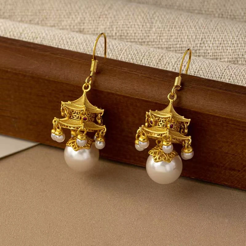 铜合金耳饰 新中式古法亭子宫灯宫廷风耳环高级感显白饰品