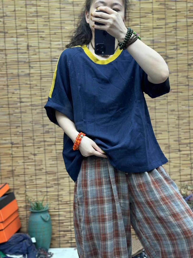 HY   领子撞色袖子拼织带上衣