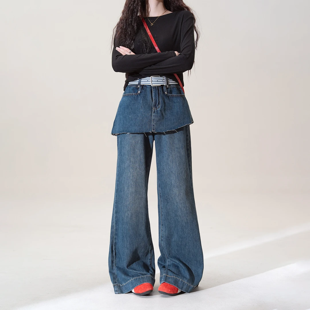 复古蓝色假两件拼接微喇牛仔裤女秋季新款宽松显瘦拖地直筒长裤子