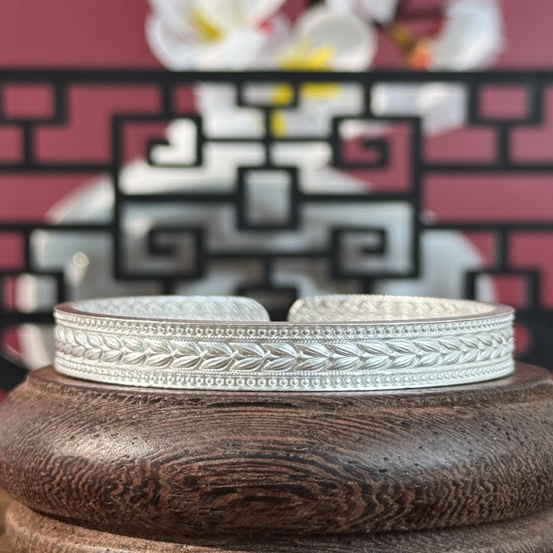 足银手镯 足银麦穗开口国风纯银手镯女实心小众时尚单品送女友