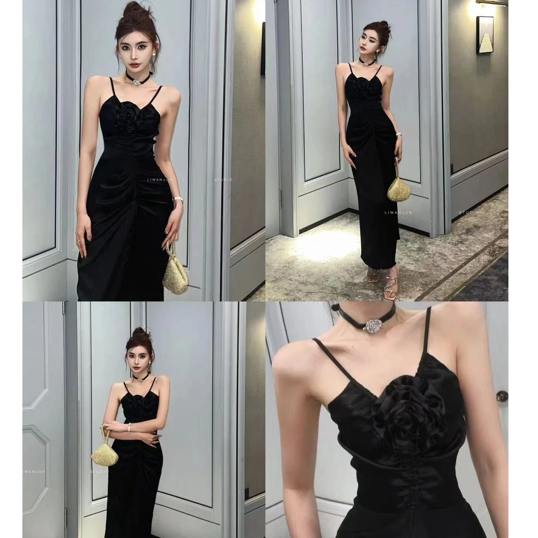 婉君【黑色沙漏裙】吊带V领气质连衣裙LWJ23A1Q263