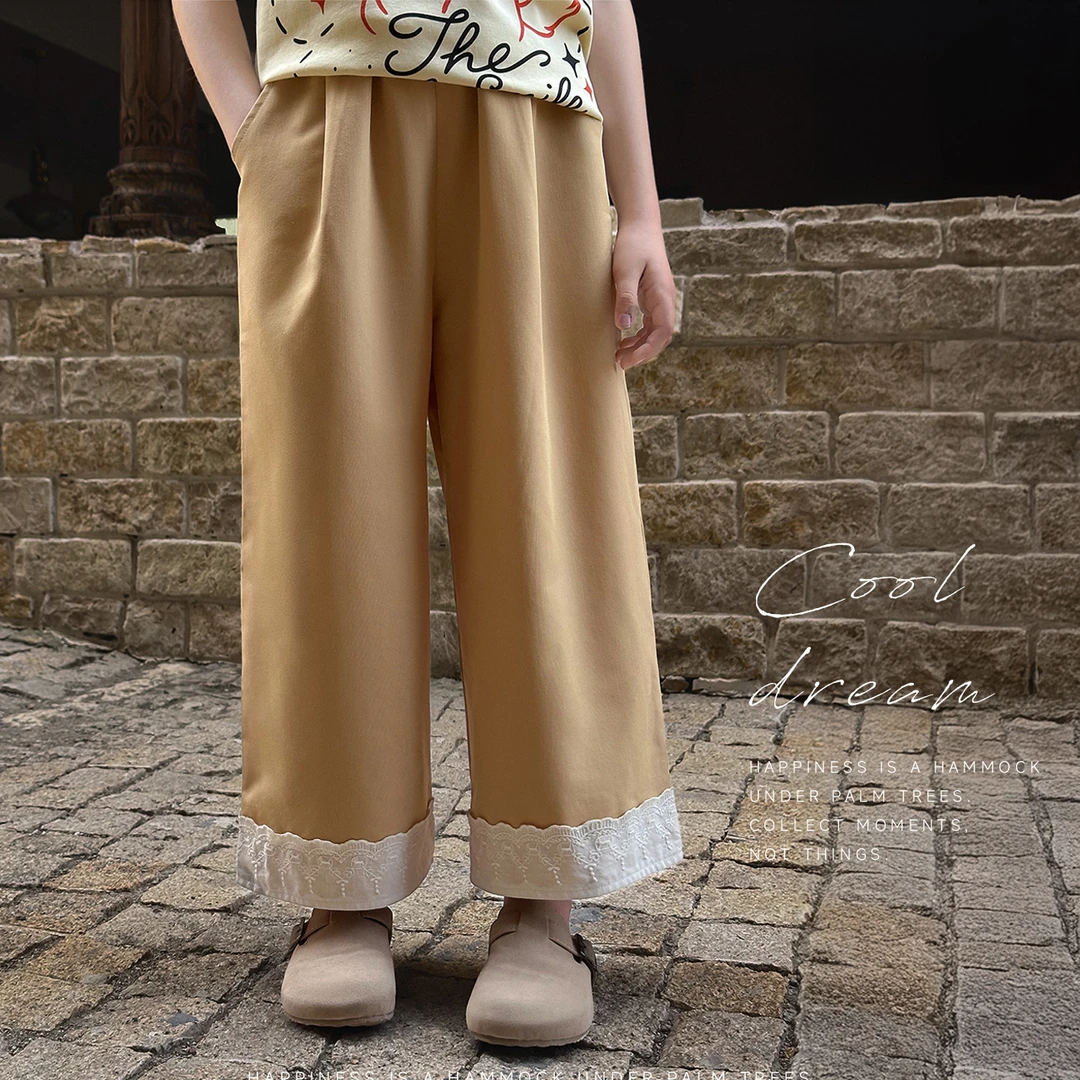 【甜筒裤】蓝小爸童装女童亲子直筒休闲裤夏季蕾丝拼接阔腿裤