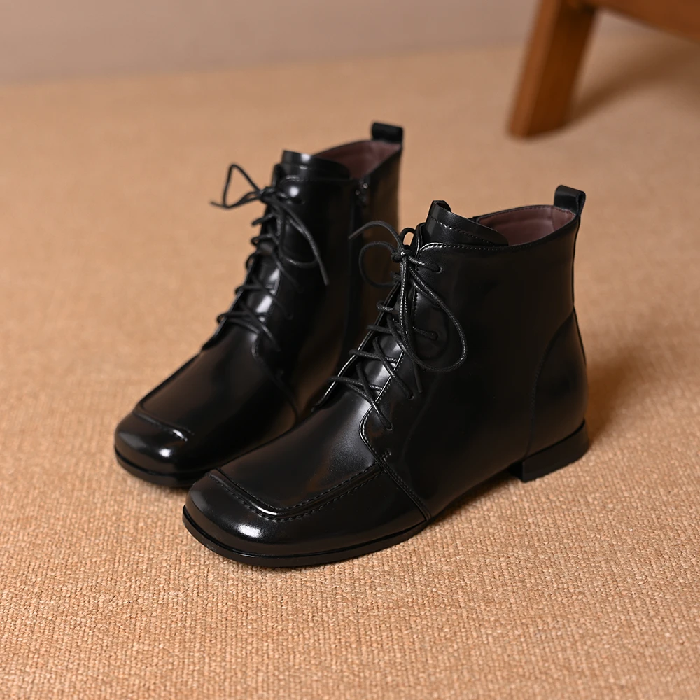 英伦风方头系带低跟马丁靴女2025秋冬新款侧拉链粗跟手工缝制短靴