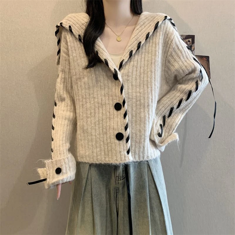 大码灰色海军领毛衣女秋冬2025新款上衣设计感开衫飘带针织外套