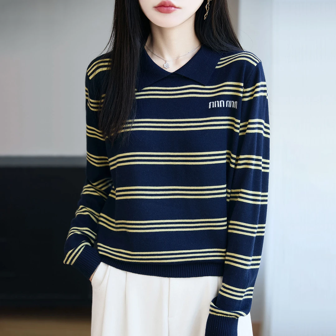 撞色翻领时尚条纹短款女士毛衣秋季新款显瘦打底上衣