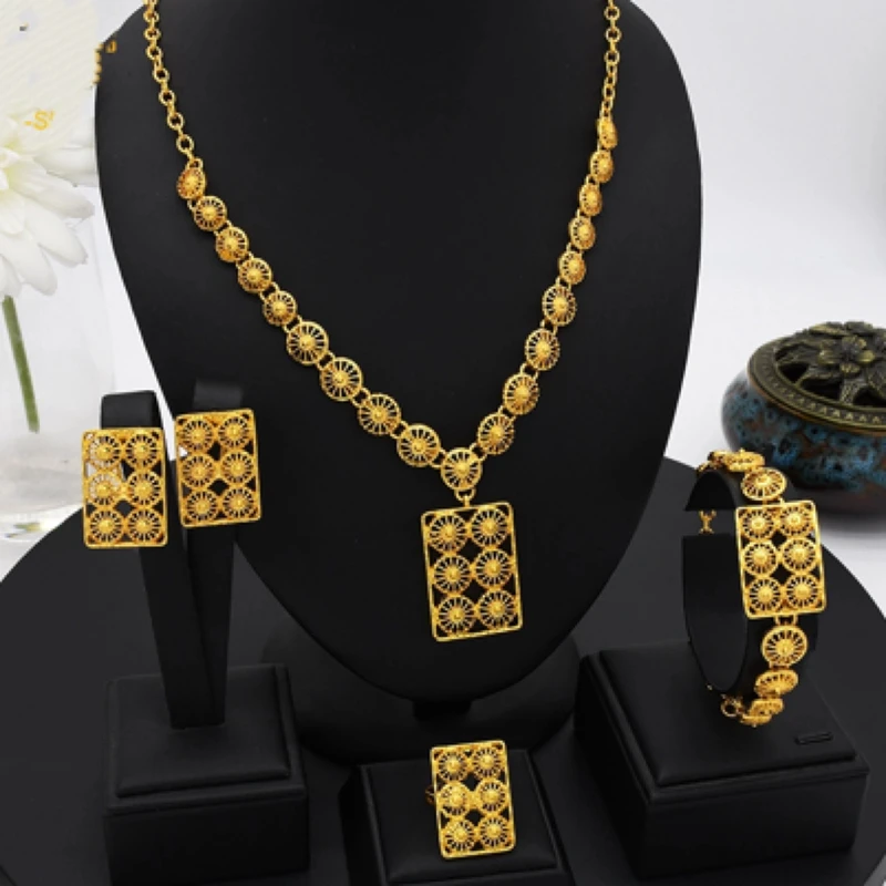 铜合金项链 【古米】4/36中东迪拜镀24轻奢牌四件套金色饰品首饰