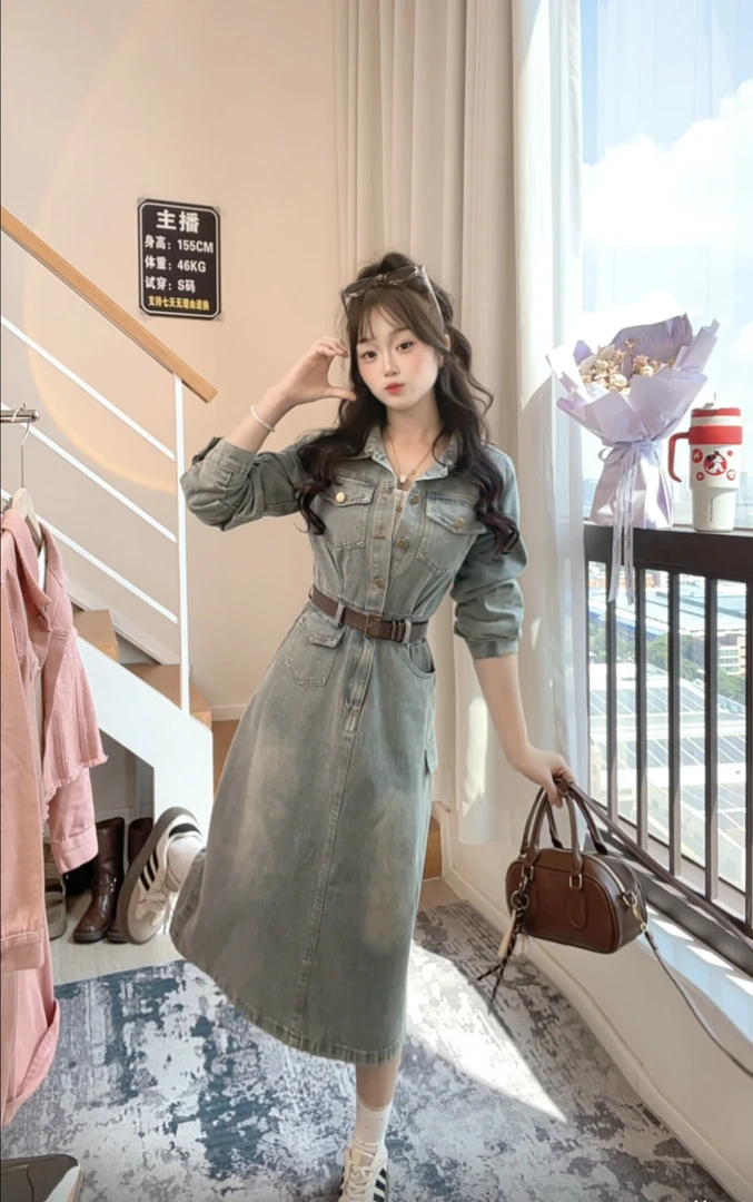 连衣裙超仙度假风复古水洗牛仔短裙女秋新款甜酷辣妹翻领收腰长裙