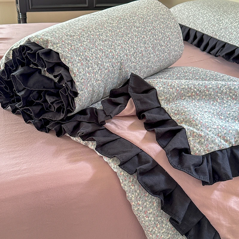 双层纱夏被套件韩式赫本风花边款针织棉荷叶边公主风夏被空调被