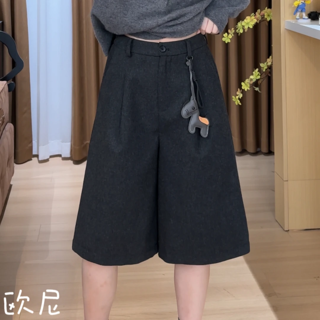 欧尼私服 2025早秋新款韩版气质阔腿直筒羊毛五分裤中裤2509C5511