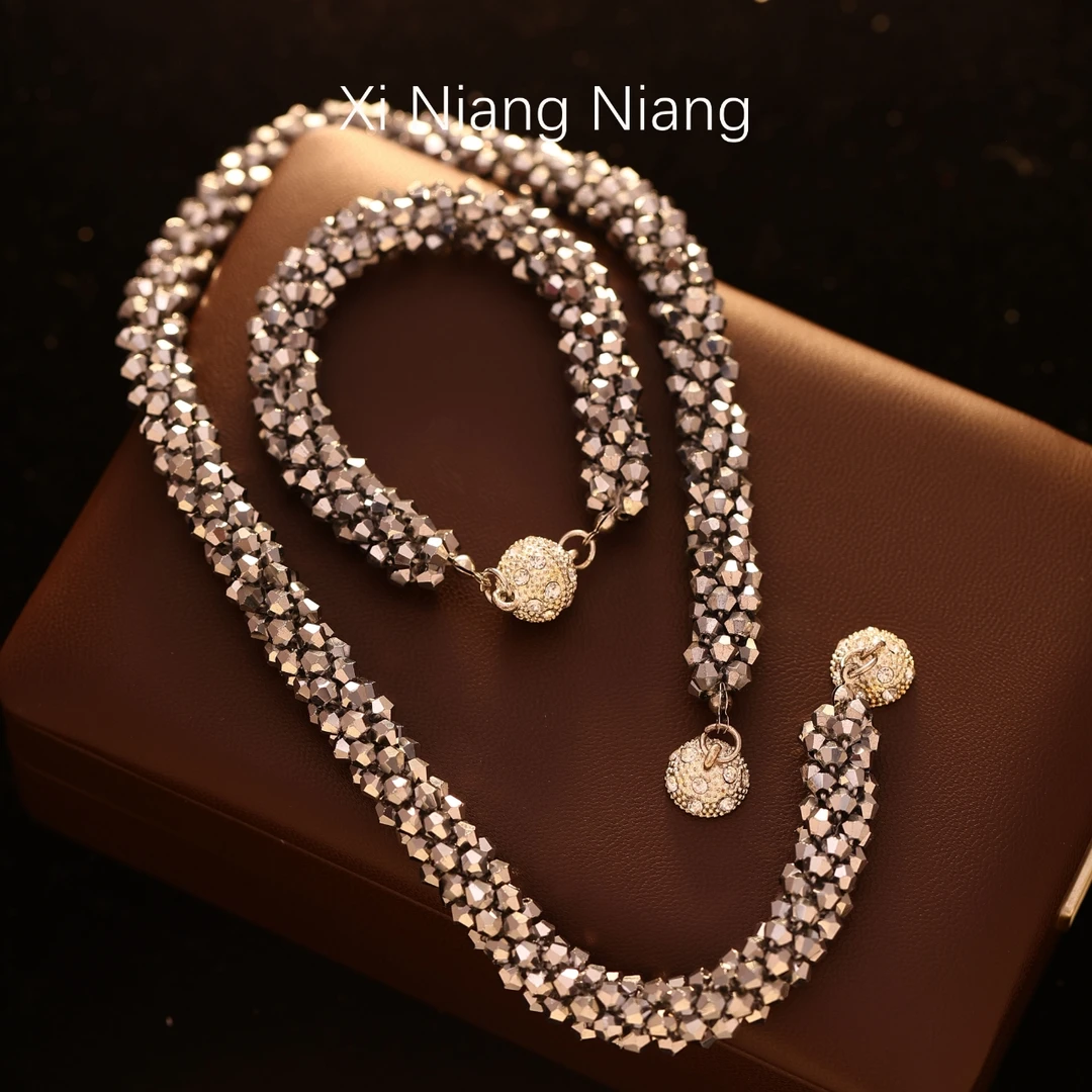 铜合金合成锆石项链 双11爆款银色链条项链+手链套装J0002