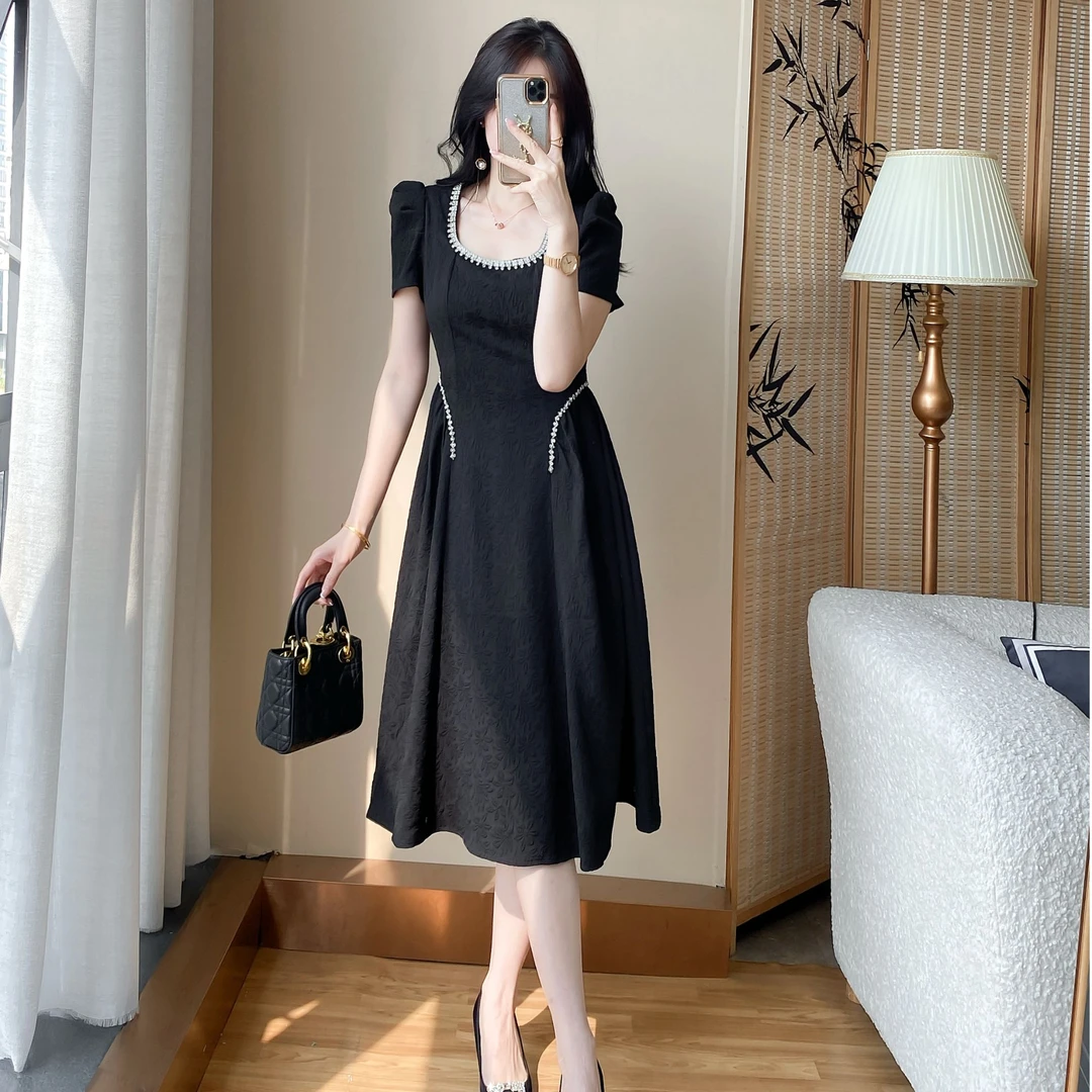 高级感提花泡泡袖连衣裙女轻奢夏季收腰显瘦长款a裙气质高端礼服