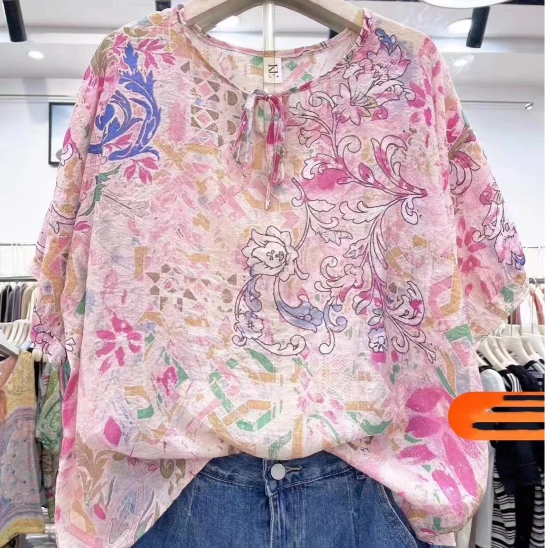 【粉花】夏季薄款宽松舒适百搭显瘦休闲上衣