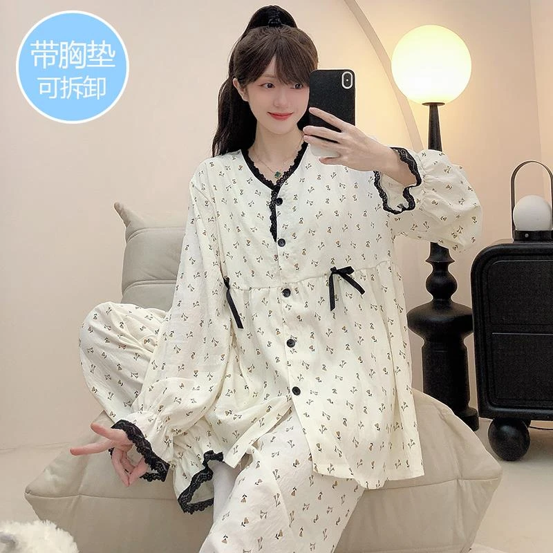 带胸垫睡衣女春秋季长袖长裤加肥加大码月子服200斤家居服