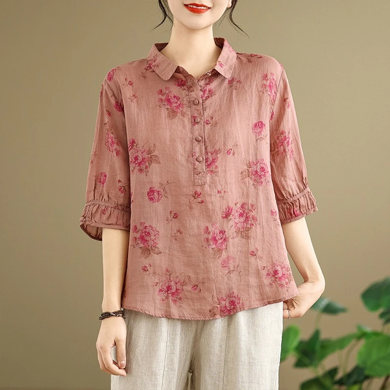 时尚洋气碎花衬衫女士夏季2025时尚新款复古妈妈高端衬衣显瘦上衣