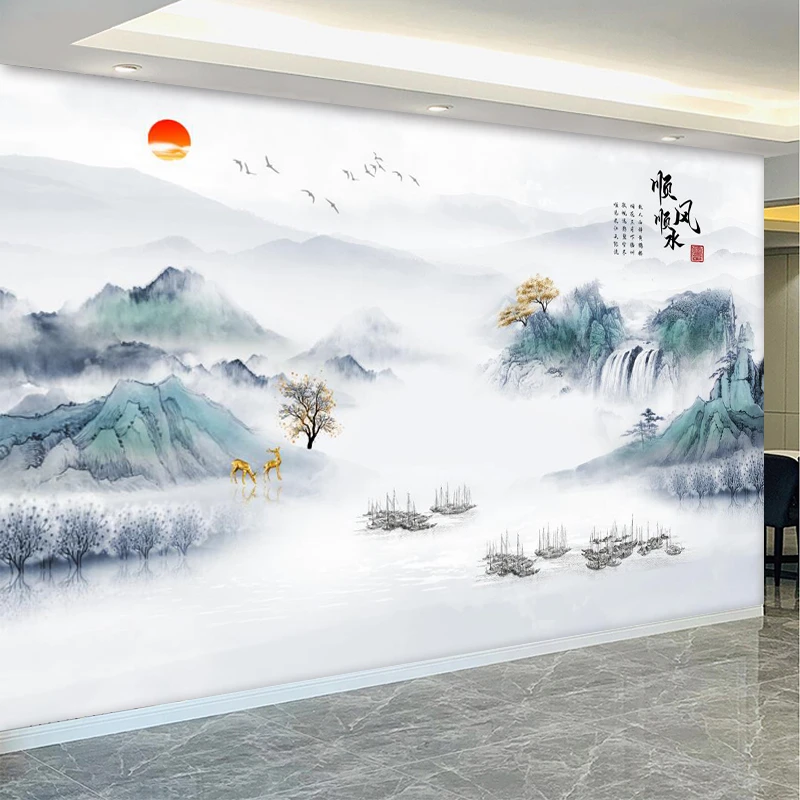 电视墙壁画壁纸布3D10D客厅影视墙纸墙布18d新中式顺风顺水山水