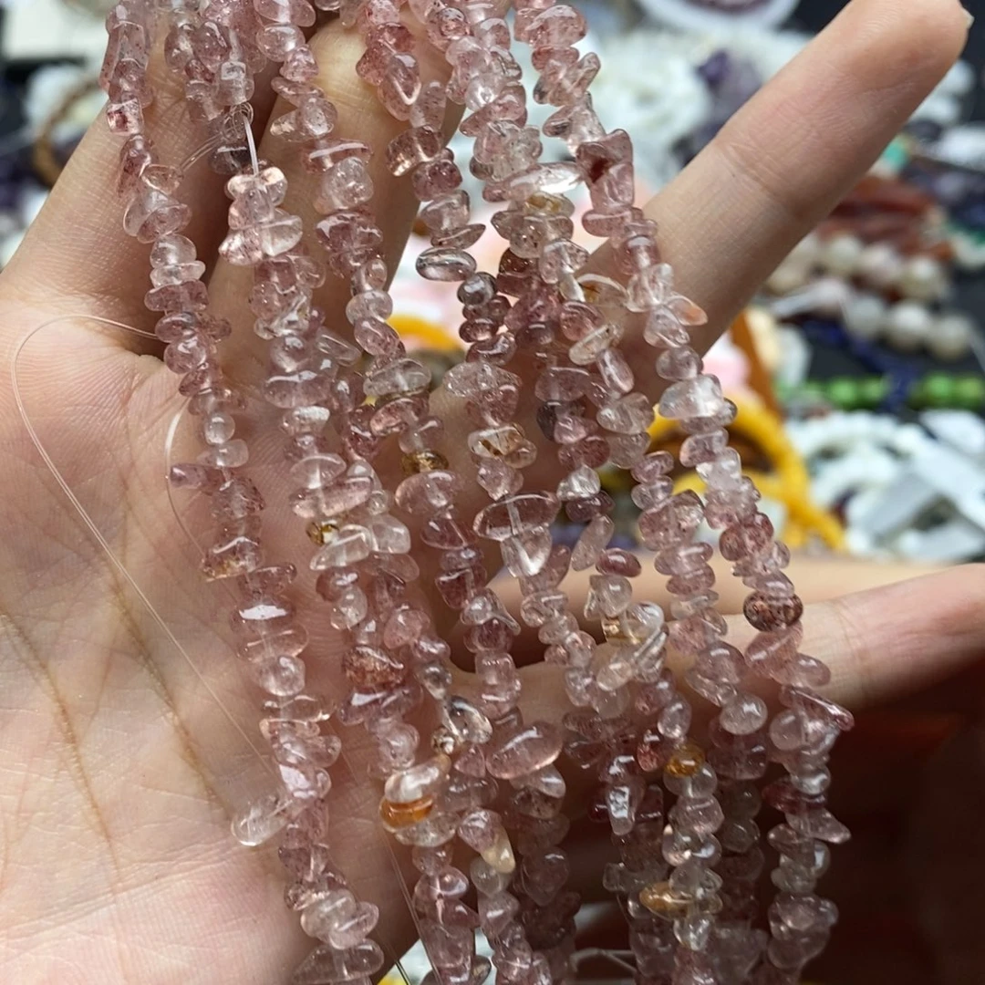 未镶嵌玛瑙/玉髓珠宝半成品一条纯天然草莓晶碎石加长版5mm