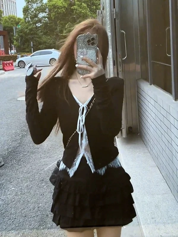 M-3XL2025韩版微胖大码初秋流光风拼接假两件纯欲长袖针织衫