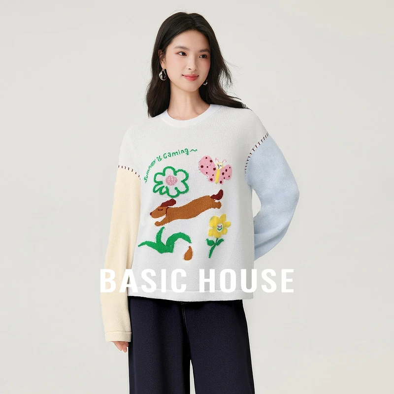 Basic House/百家好新款多巴胺撞色拼接洋气针织衫-B0625B5HEY2