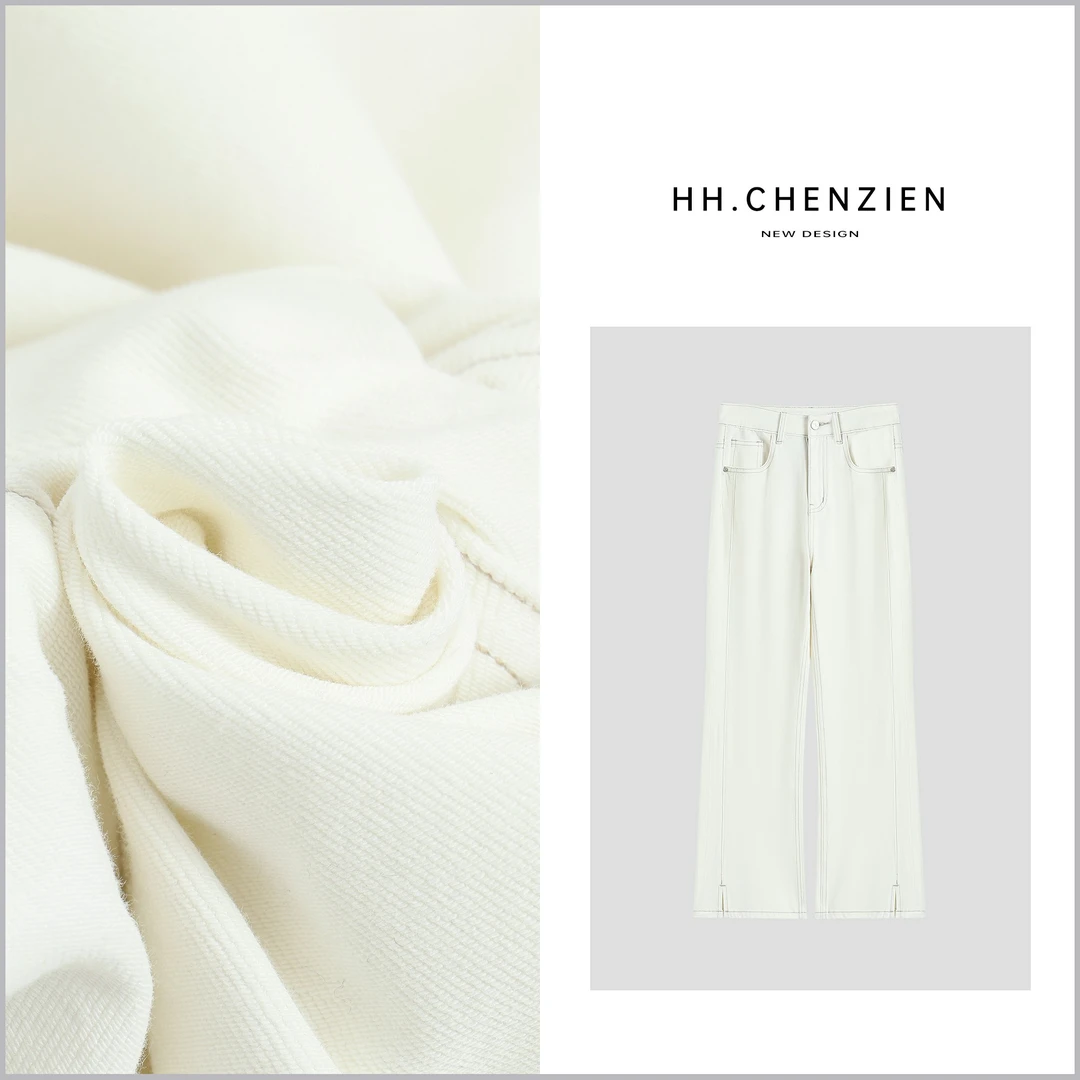 【黑黑家】春夏新款女前脚开叉设计显腿直直筒牛仔裤