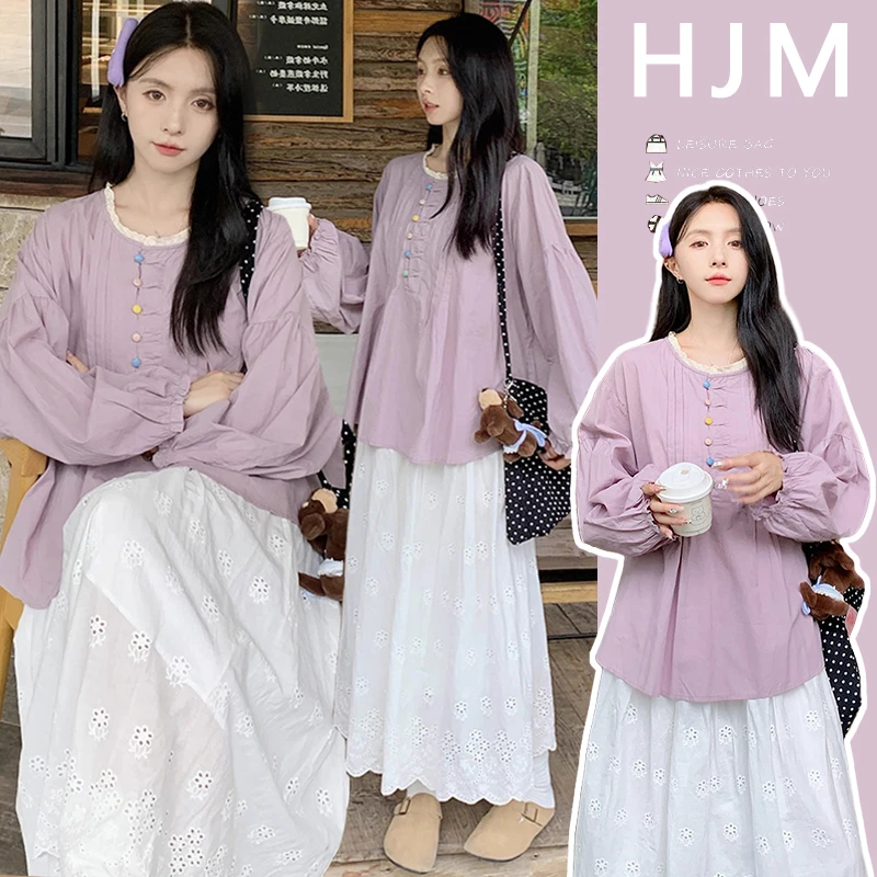 MIMI~孕妇装新款彩扣香芋紫花边拼接圆领宽松长袖衬衫+刺绣半身裙