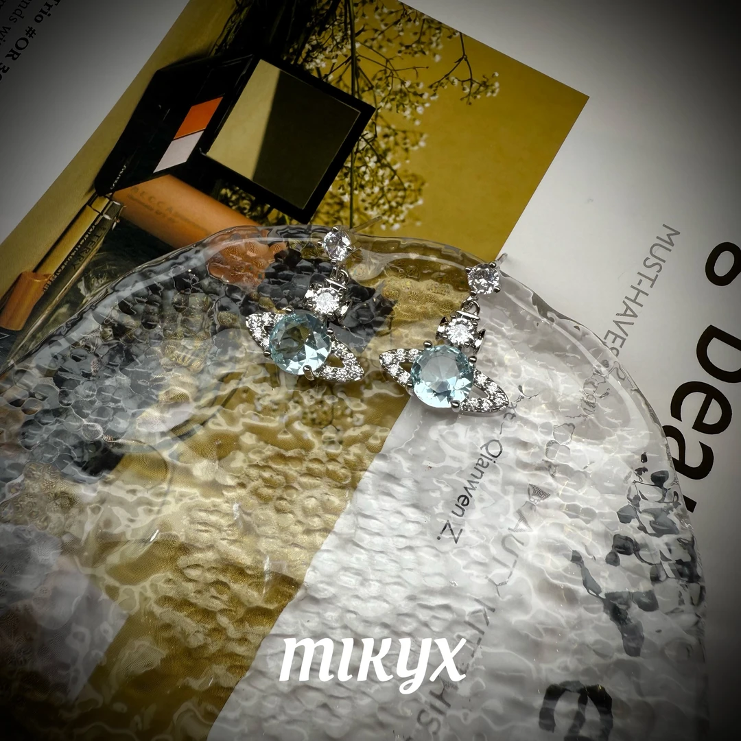 mikyx 铜合金合成锆石耳饰 蓝色土星耳钉A296