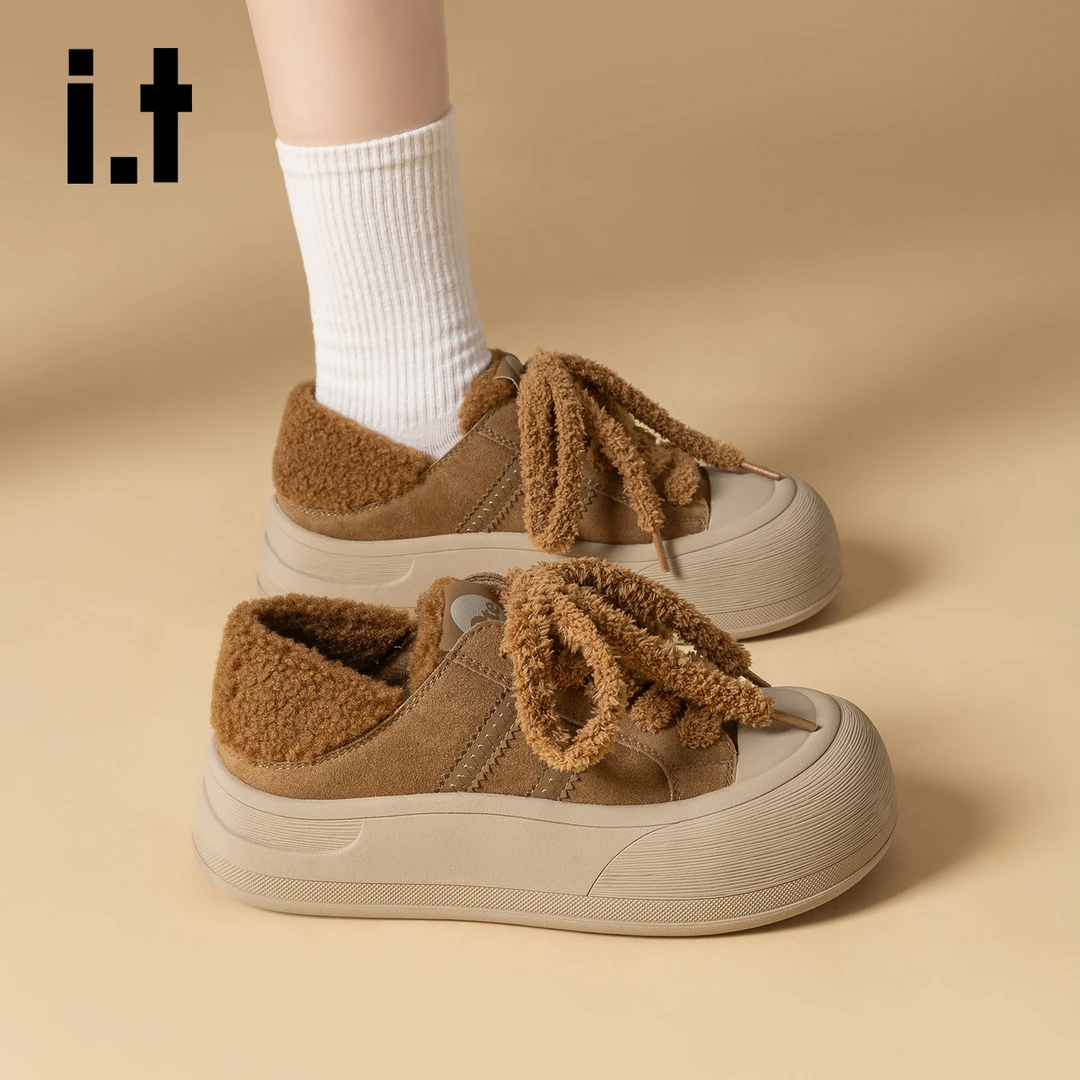 it ete加绒厚底板鞋女棉鞋冬季新款增高保暖毛毛鞋运动休闲面包鞋