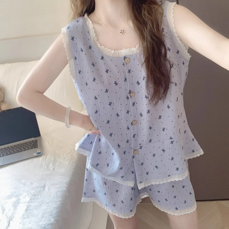 带胸垫睡衣女款夏季云朵棉甜美蝴蝶结吊带短裤背心外穿家居服套装