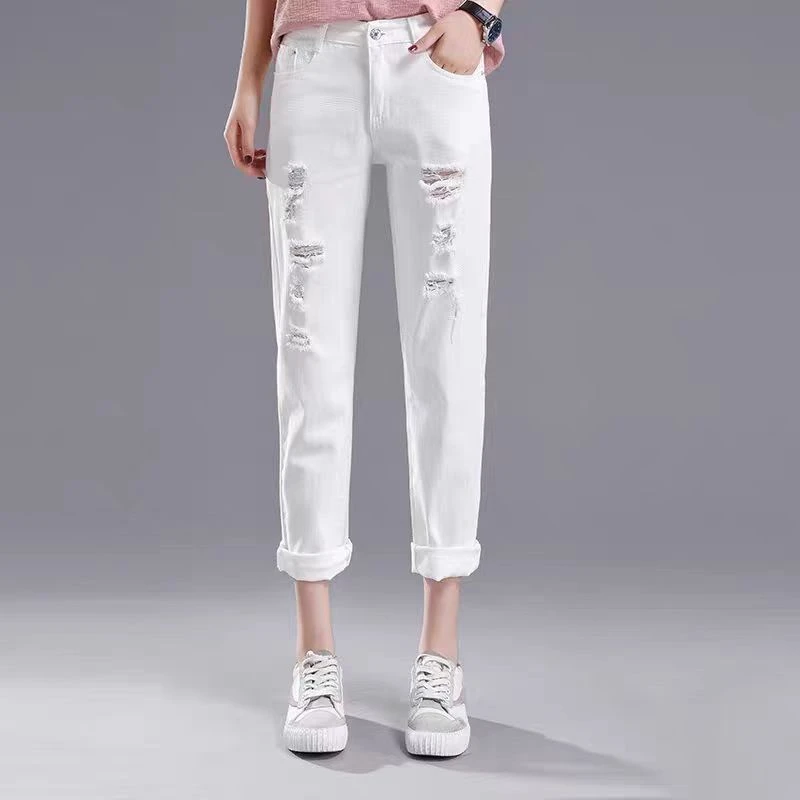 （有瑕疵，介意勿拍。长约92）百搭高腰破洞小脚微弹白色牛仔裤8618