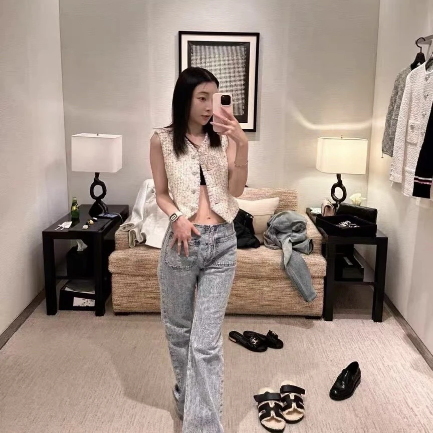 99新 Chanel/香奈儿 D500018/山茶花暗纹满印牛仔裤/34码