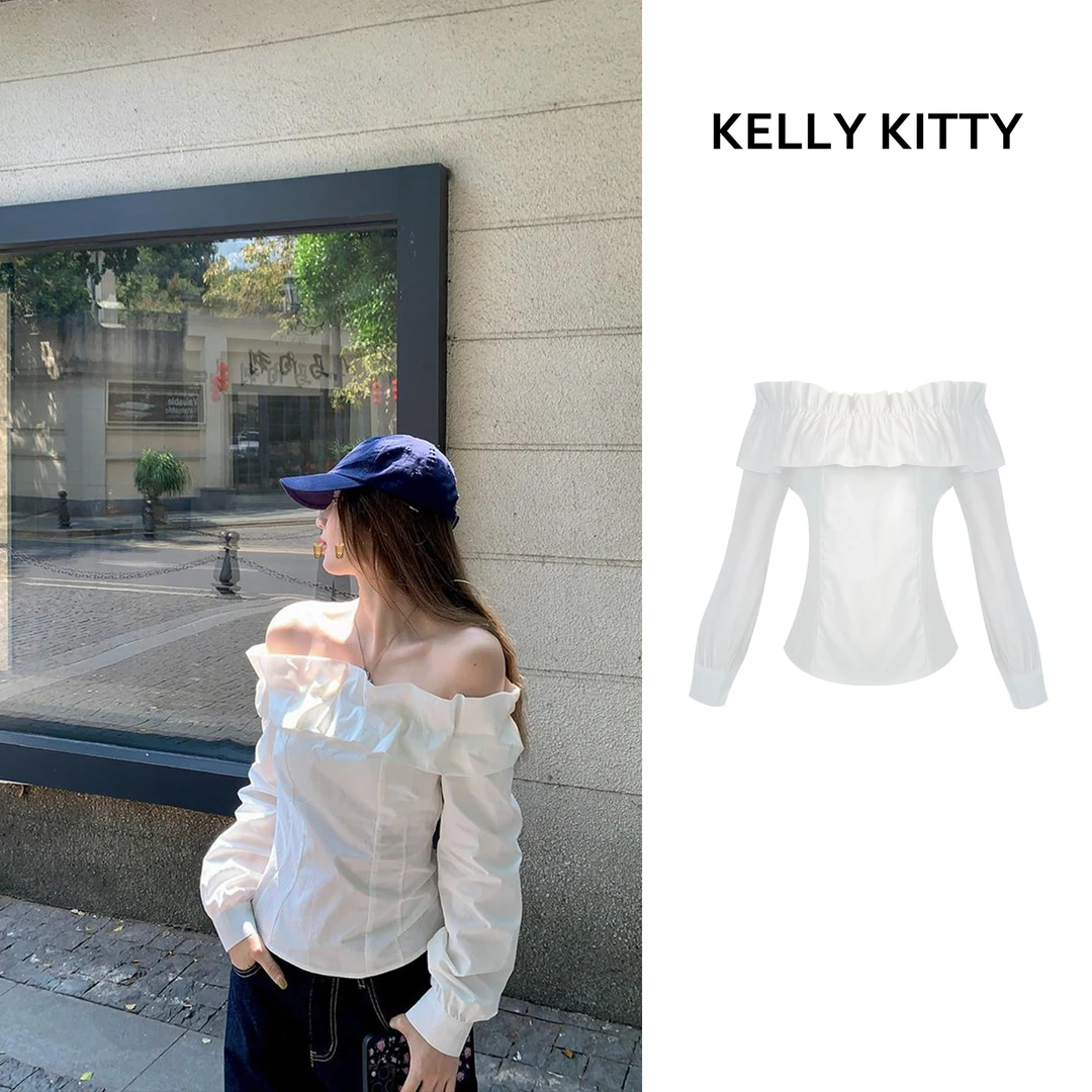 韩系甜美一字肩喇叭袖衬衫女新款荷叶边衬衣修身露肩打底上衣8017