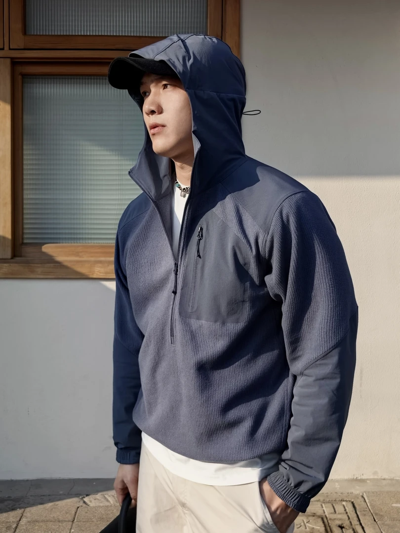 SOS春季户外弹力拼接半拉链卫衣压胶口袋抓绒连帽套头衫休闲运动