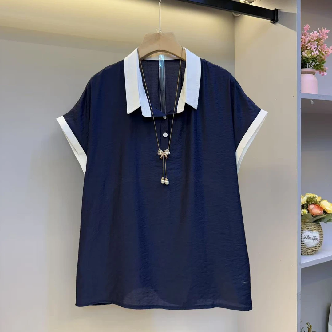 2025夏时尚大码女装极简风宽松小翻领韩范气质衬衫