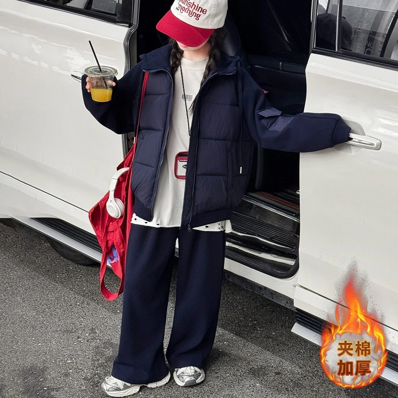 女童秋冬套装2025新款韩版中大童休闲夹棉加厚拼接两色棉衣套装