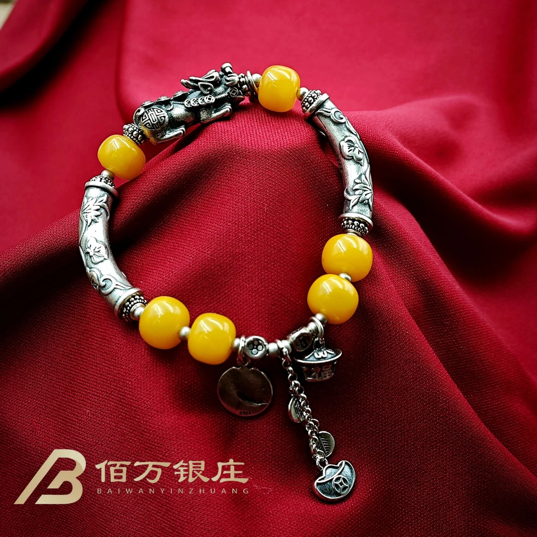 【佰万银庄】银925 纯手工貔貅蜜蜡弯管手串国风民族风单圈约30.5g