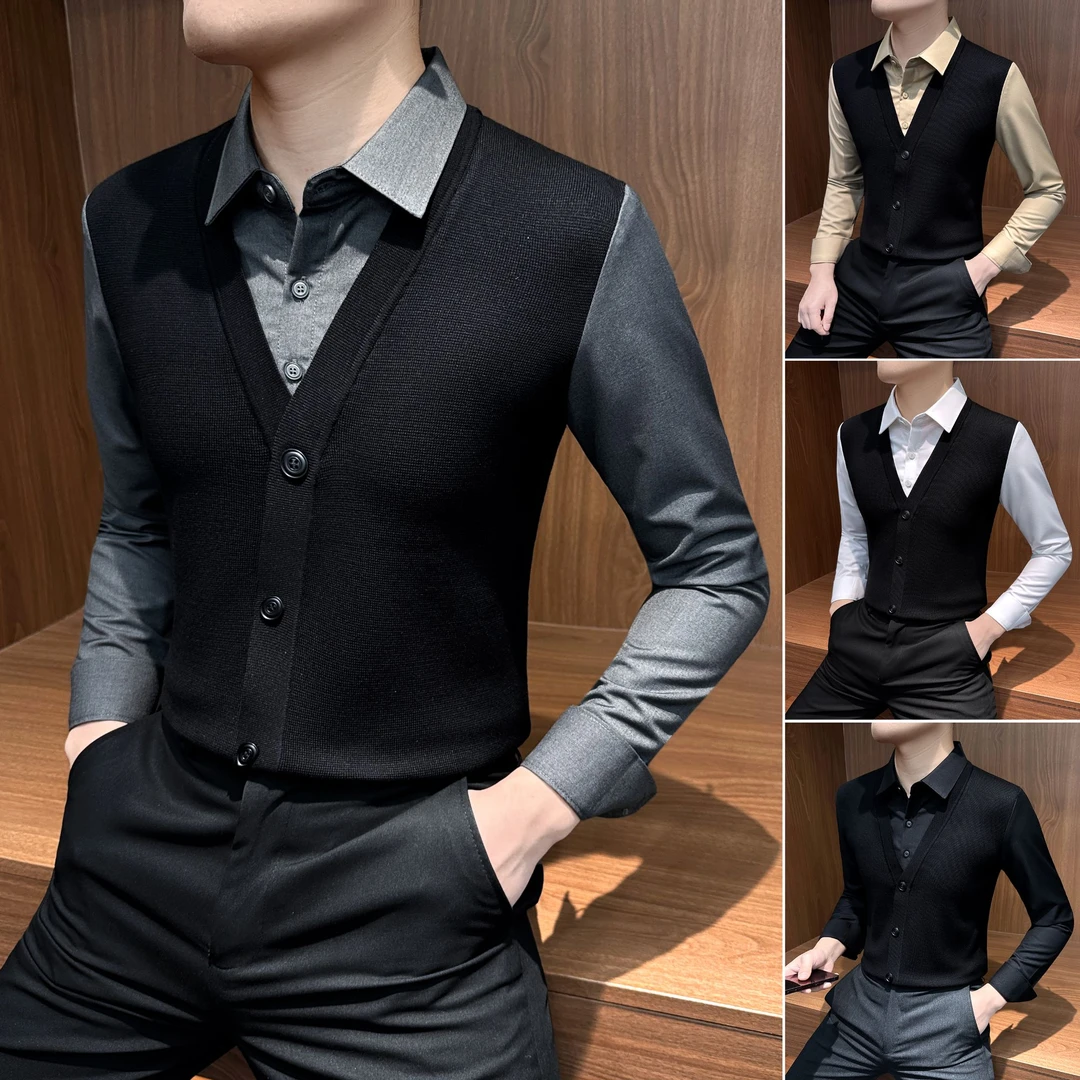 假两件毛衣男装冬季款爆款2025新款纯色衬衫领针织高级感男式上衣