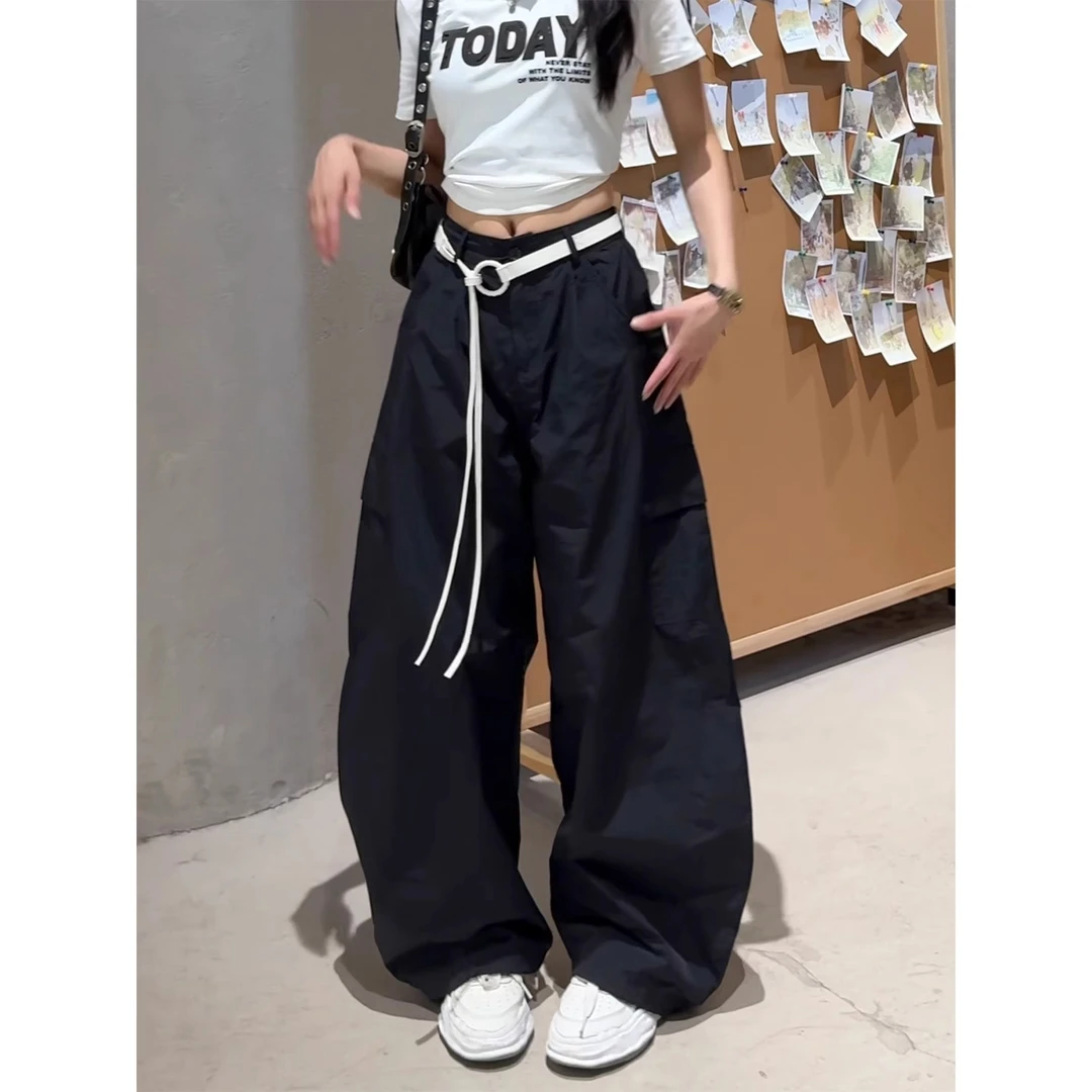 韩版大口袋慵懒松弛感工装裤女2025夏季薄款撞色腰带阔腿休闲裤子
