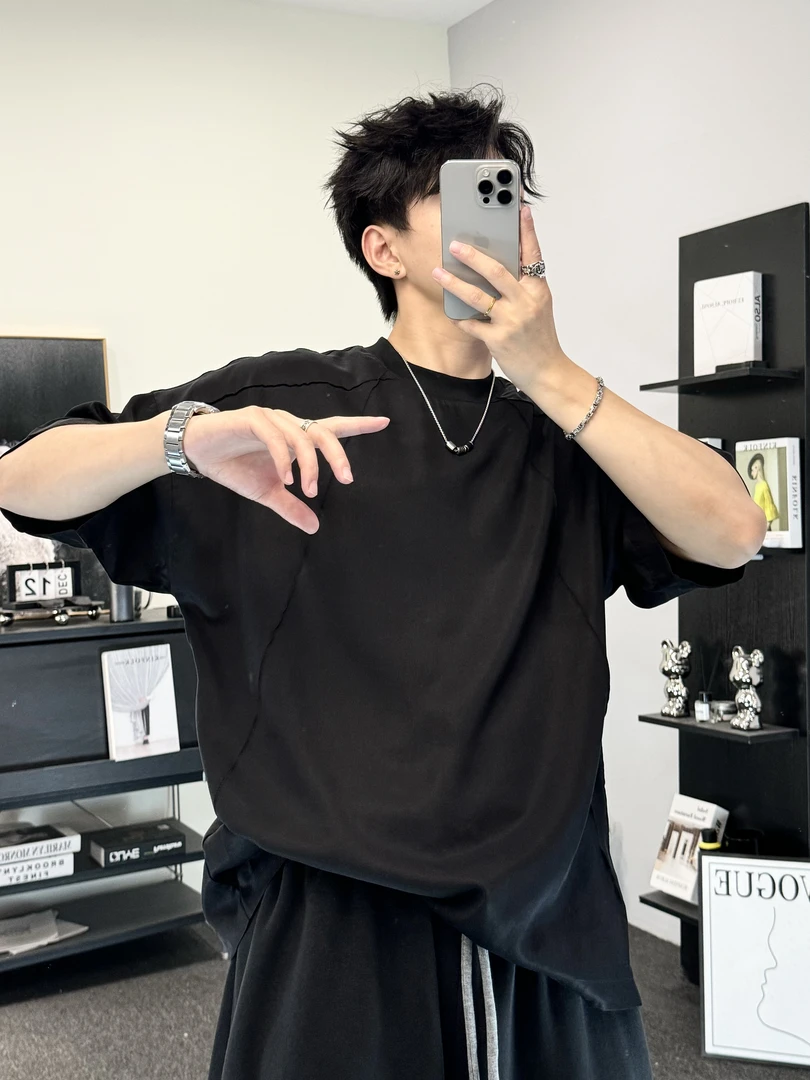 非凡-夏 新款简约设计感天丝短袖男美式休闲百搭潮流T恤上衣66551