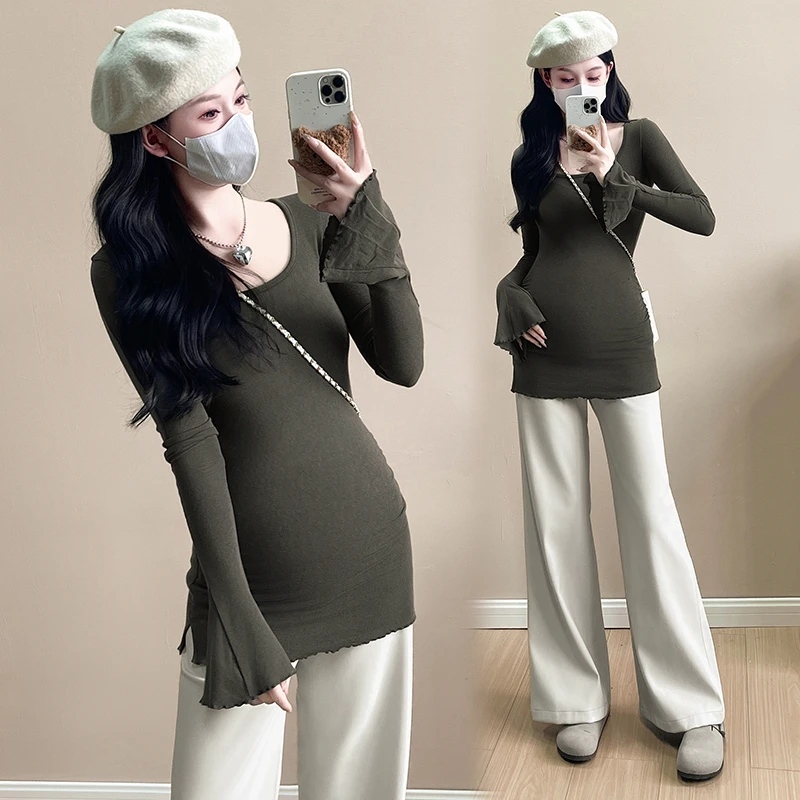 孕妇衣服上衣修身女春秋款2025新款内搭春装方领美式打底衫喇叭袖