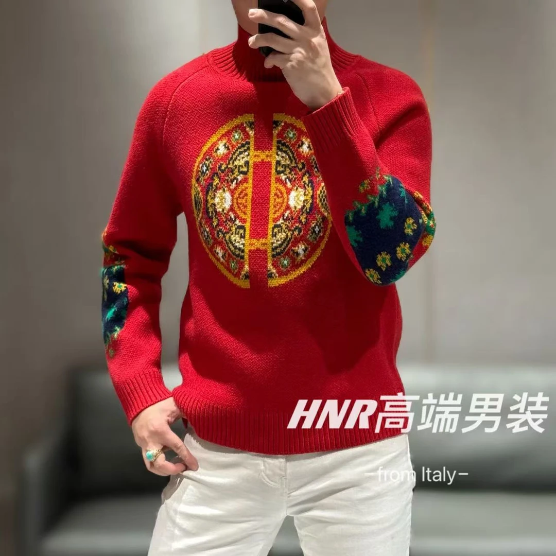 国风贺岁款时尚潮流休闲百搭新款高端男士长袖针织衫Q10